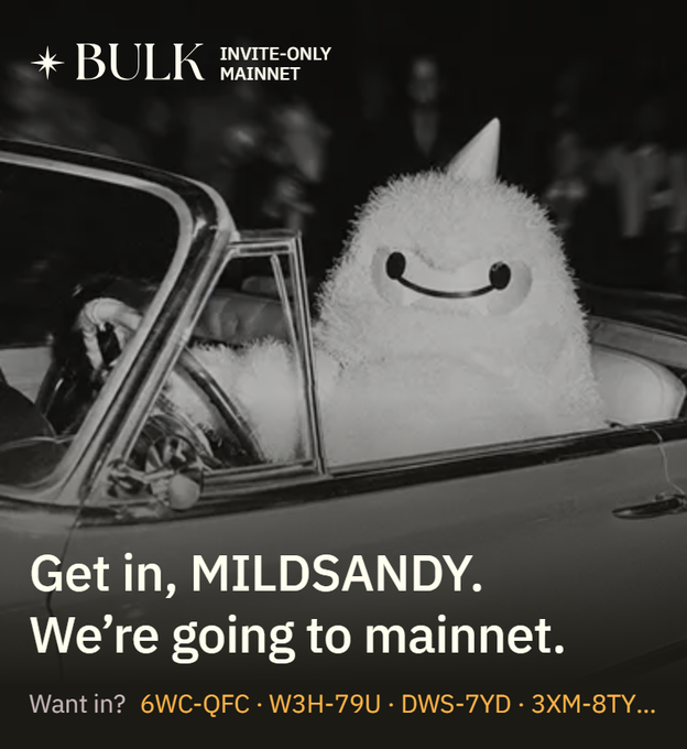 A black-and-white advertisement for 'BULK INVITE-ONLY MAINNET' featuring a fluffy cartoon character in a car, addressed to 'MILDSANDY' with invite codes listed at the bottom.