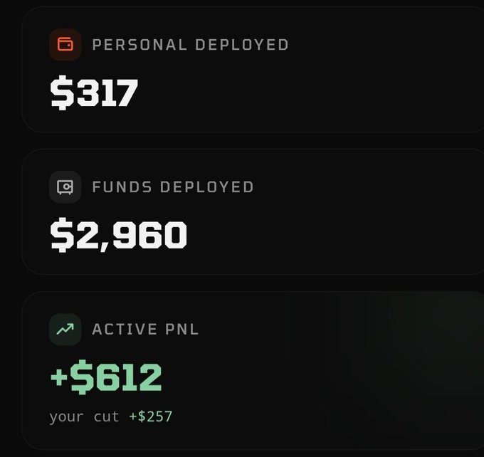 A dark dashboard interface showing financial metrics: 'PERSONAL DEPLOYED $317', 'FUNDS DEPLOYED $2,960', and 'ACTIVE PNL +$612 your cut +$257'.