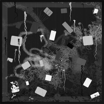 A black and white abstract illustration featuring scattered floating rectangles, intricate line work, and a small figure amid swirling dark patterns.