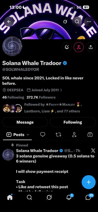 A mobile screenshot of the X (formerly Twitter) profile for 'Solana Whale Tradoor' (@SOLWHALEDYOR), displaying a pinned giveaway post offering 0.5 Solana each to 6 winners.