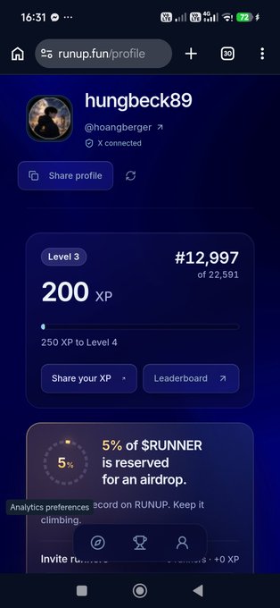https://runup.fun/profile hungbeck89 (@hoangberger), X connected