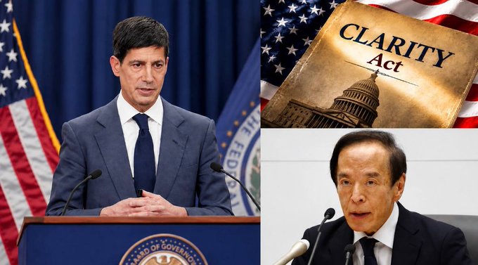 The image is a split composition showing a Federal Reserve official (resembling Fed Chair Jerome Powell) at a podium on the left, alongside a "CLARITY Act" document graphic with the U.S. Capitol on the top right, and a second official speaking into microphones on the bottom right—visually representing the converging fiscal, regulatory, and monetary policy events driving market volatility.