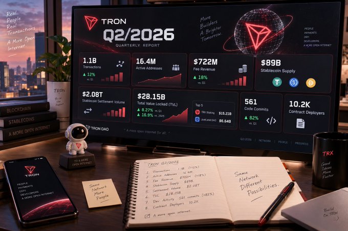 The image shows a desk setup featuring a monitor displaying TRON's Q2/2026 quarterly report with key metrics (1.1B transactions up 12%, 16.4M active addresses, $722M fee revenue up 18%, $89B stablecoin supply, $2.08T settlement volume, $28.15B TVL up 8.27%, 561 code commits up 82%, and 10.2K contract deployers), alongside a notebook where these numbers are being handwritten for personal reference. A small TRON mascot figure and a black mug labeled "TRX" sit beside the notebook, illustrating the caption's depiction of someone taking notes while studying the report.