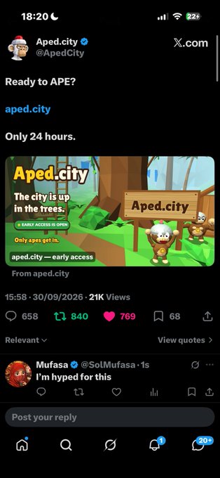 A mobile screenshot of an X.com post from Aped.city (@ApedCity) captioned 'Ready to APE?' promoting early access to 'aped.city', with engagement showing 658 comments, 840 retweets, 769 likes, and 68 bookmarks.