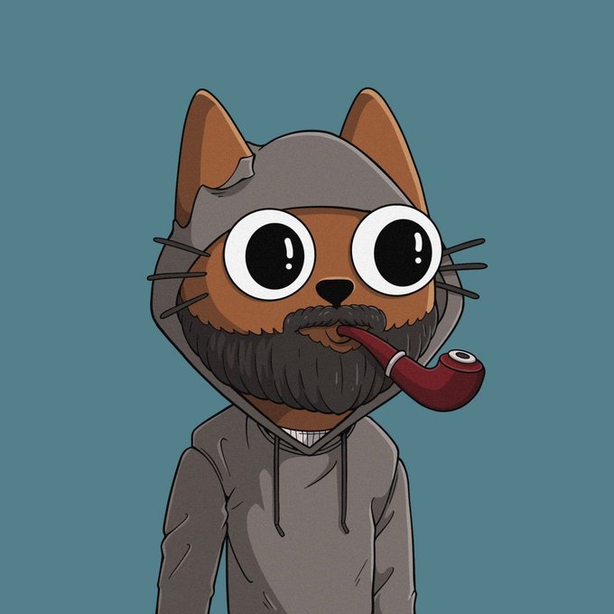 A cartoon cat with a beard and a red pipe smokes while wearing a gray hoodie, serving as a stylized profile picture for a crypto enthusiast who recently joined the "cets" community and credits @vutnerable for the cool pfp.