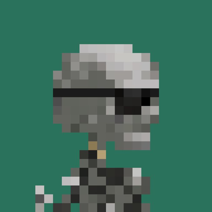 Pixel art of a character in gray armor and a white helmet, resembling a Daft Punk helmet, against a solid green background.