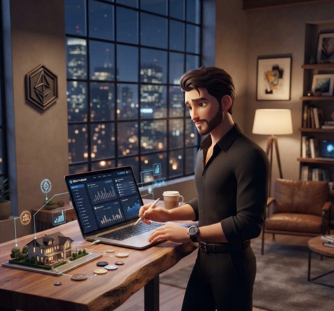A 3D animated man with a beard stands at a desk in a modern apartment at night, analyzing real estate data on his laptop with a small house model and coins on the desk, with an Ethereum logo on the wall.