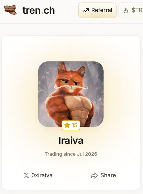 A mobile app profile screen for 'tren.ch' showing a user named 'lraiva' with a profile picture of a muscular orange cat, a rating of 15, and the text 'Trading since Jul 2026'.