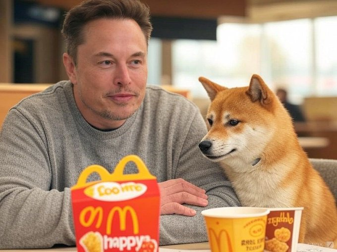 A man in a gray sweater sits at a McDonald's table next to a Shiba Inu dog, with a Happy Meal box and fries visible.
