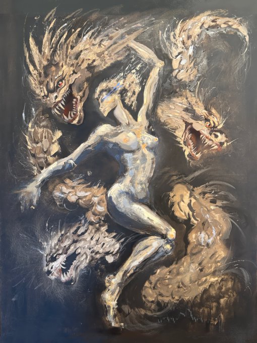 A dark, chaotic painting featuring a pale, elongated humanoid figure intertwined with multiple snarling, monstrous beasts covered in brown fur and spikes.