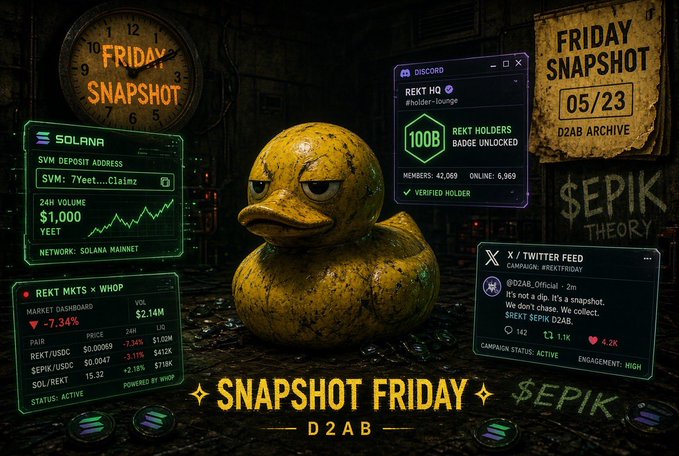 A 'Snapshot Friday' promotional graphic by D2AB featuring $EPIK, including a rubber duck, Solana deposit info, REKT MKTS market dashboard, Discord badge showing 1008 REKT Holders, and a Twitter/X feed post.