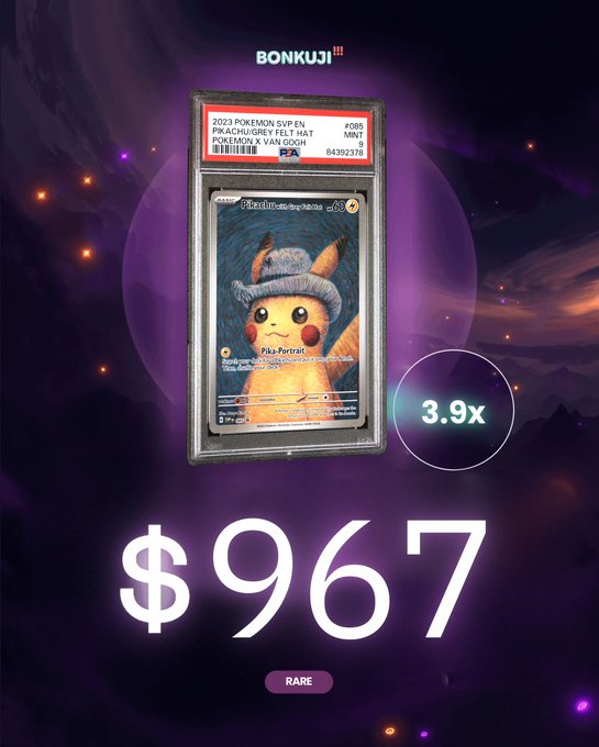 Bonkuji app screenshot showing a PSA Mint 9 graded 2023 Pokémon SVP Pikachu/Grey Felt Hat card valued at $967, marked as Rare with a 3.9x multiplier.