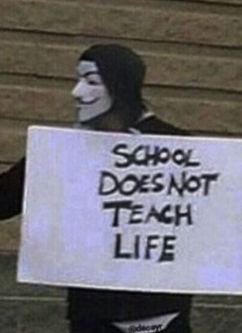 A person wearing a Guy Fawkes mask and black hoodie holds a handwritten sign reading "SCHOOL DOES NOT TEACH LIFE," standing against a brick wall. The image connects to the caption "Know this and know peace" by suggesting that recognizing the limits of formal education—and seeking wisdom beyond it—leads to true understanding and inner peace.