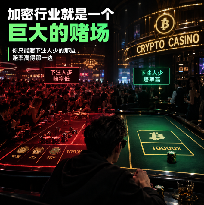 An AI-generated graphic of a 'CRYPTO CASINO' depicting the crypto industry as a giant casino, with Chinese text reading '加密行业就是一个巨大的赌场' (The crypto industry is a giant casino), showing a roulette-style betting table with meme coins like DOGE, SHIB, PEPE.