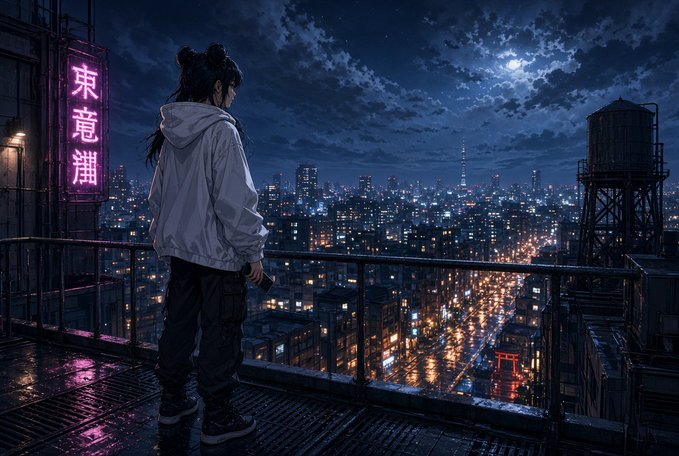 An anime-style illustration shows a girl in a white hoodie standing on a wet rooftop overlooking a vibrant nighttime cityscape, with a pink neon sign reading '東意龍' (East Yi Long) and a full moon in the sky.
