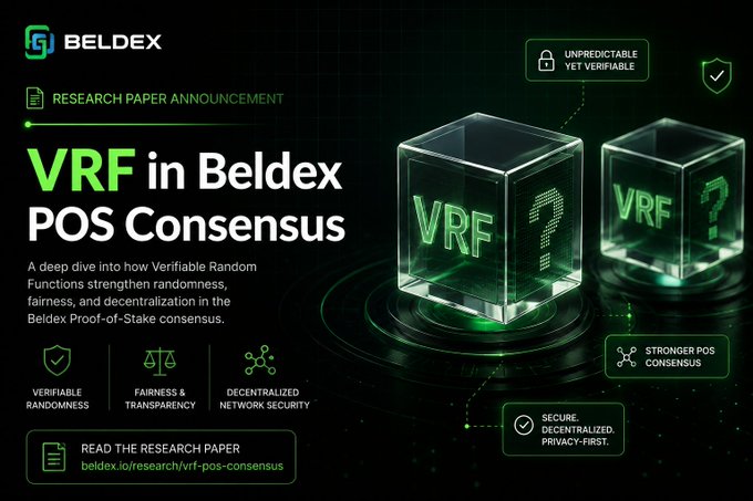 Marketing banner for 'BELDEX' announcing a research paper on 'VRF in Beldex POS Consensus', highlighting verifiable randomness, fairness, and decentralized network security.