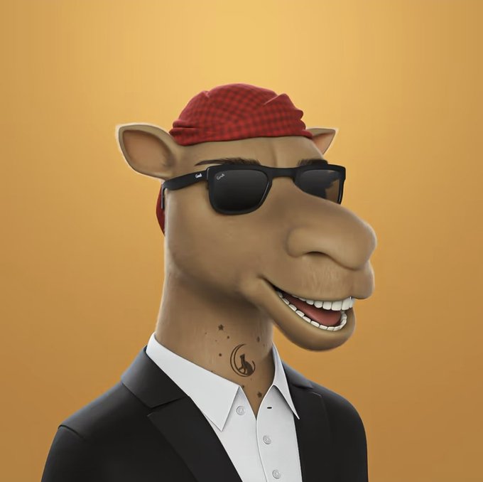 A 3D-rendered camel NFT character wearing a red bandana, black sunglasses, and a suit, smiling against an orange background—fitting the "CAMELS 3D #2091 GIVEAWAY" post featuring a stylish camel up for grabs.