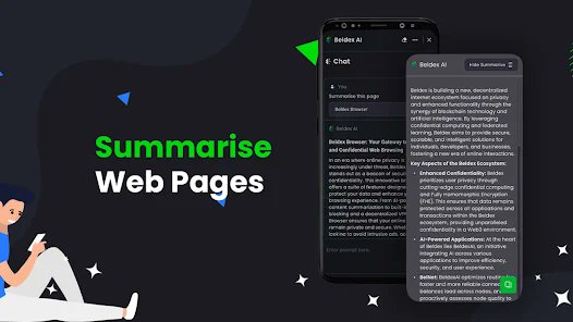 A promotional graphic for 'Bidxa AI' reads 'Summarise Web Pages' in green and white text, showing a mobile phone displaying a chat interface summarizing a webpage.