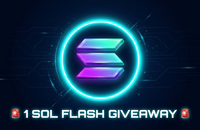 The image features a logo with three blocks of different colors - purple, blue, and green - arranged in a circular pattern. The text "1 SOL FLASH GIVEAWAY" is written below the logo, indicating that there's an upcoming giveaway related to the Sol Flash technology.
