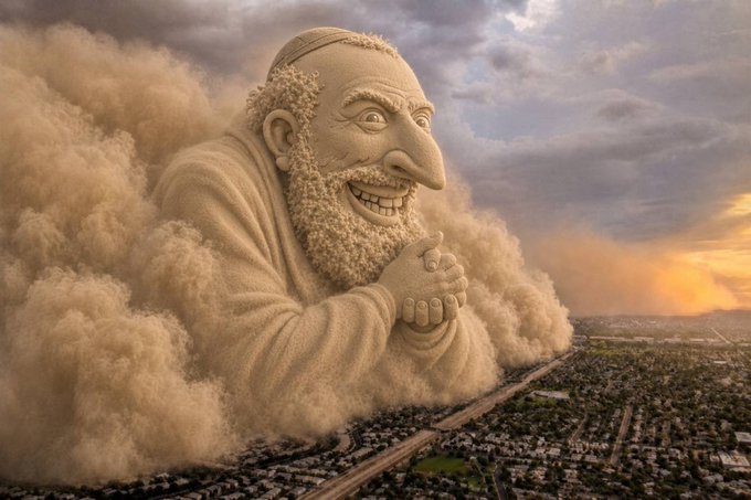 A surreal image shows a massive sand sculpture of an elderly man with a beard and kippah emerging from a dust cloud over a cityscape at sunset.