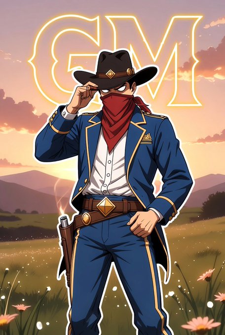 An anime-style illustration features a cowboy character in a blue jacket and jeans with a red bandana covering his face, tipping his black hat in front of a glowing neon 'GM' sign at sunset.