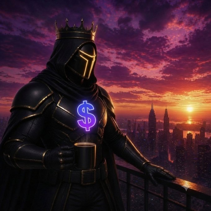 A digital artwork of a hooded figure in black armor with a golden crown and glowing yellow visor, holding a coffee mug with a purple dollar sign ($) on the chest, standing on a balcony overlooking a city at sunset.