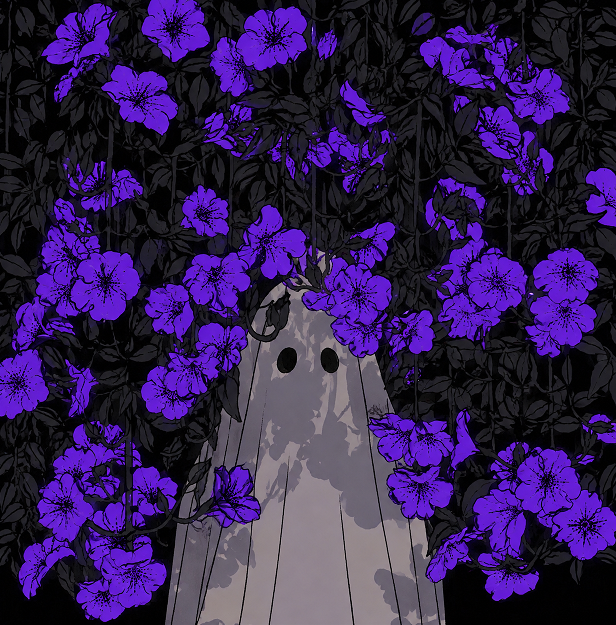 A ghostly figure with hollow eyes peers out from behind a dense cluster of purple flowers in an anime-style illustration.