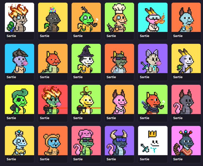 A grid display of 24 pixel-art character avatars from the Sartie collection, each featuring various fantasy creatures, animals, and characters on colorful backgrounds.