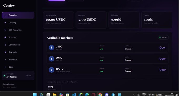 A 'Century' protocol dashboard showing 60.00 USDC active liquidity, 2.00 USDC borrowed, 3.33% utilization, 100% health, with available markets USDC, EURC, and cirBTC all live and enabled.