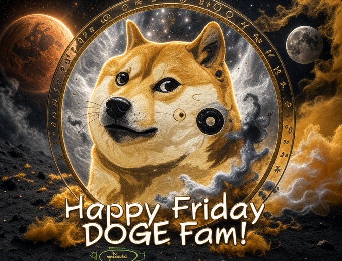 A digital illustration of a Shiba Inu dog within a mystical circular frame set against a cosmic background with planets. Text reads 'Happy Friday DOGE Fam!' with 'Sheets' logo below.