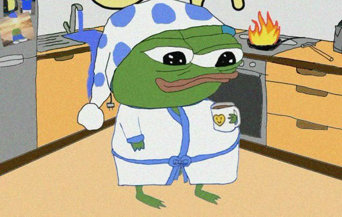 A cartoon image of the Pepe the Frog meme wearing a blue-and-white polka dot nightcap and matching robe, holding a mug of tea in a kitchen.