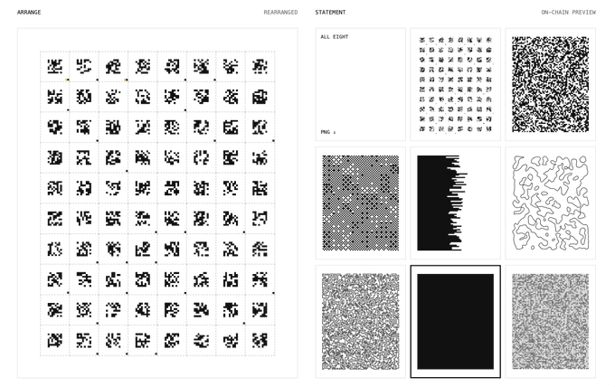 The image shows a generative art interface with an "ARRANGE" grid of abstract black patterns on the left, alongside a "STATEMENT" preview gallery on the right containing nine different design options—including a dense dot pattern, jagged silhouettes, and a pure black square (highlighted in the bottom-middle) that matches the user's chosen selection. The "@jackbutcher" tag in the post suggests this is from Jack Butcher's Checks community, where the black square represents the minimalist statement piece the user is about to mint.