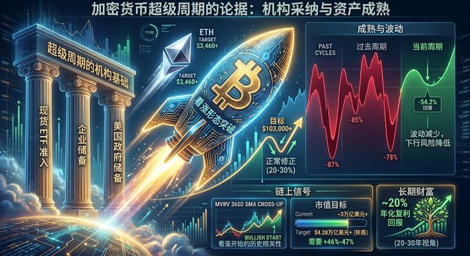 A Chinese infographic titled '加密货币超级周期的论据' (Arguments for the Crypto Supercycle) featuring a rocket with Bitcoin and Ethereum logos, charts showing past cycles with -85%, -87%, and -78% drawdowns, and targets for ETH ($3,460), BTC ($105,000), and an MWRV 365D SMA CROSS-UP signal.