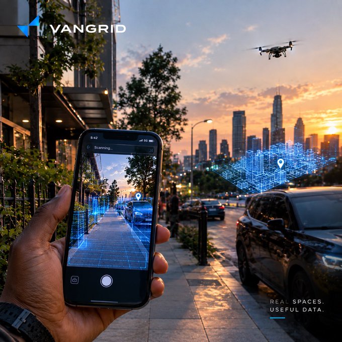 A promotional image for VANGRID featuring a hand holding a smartphone that scans a city street with an augmented reality grid overlay, accompanied by a drone and the tagline 'REAL SPACES. USEFUL DATA.'