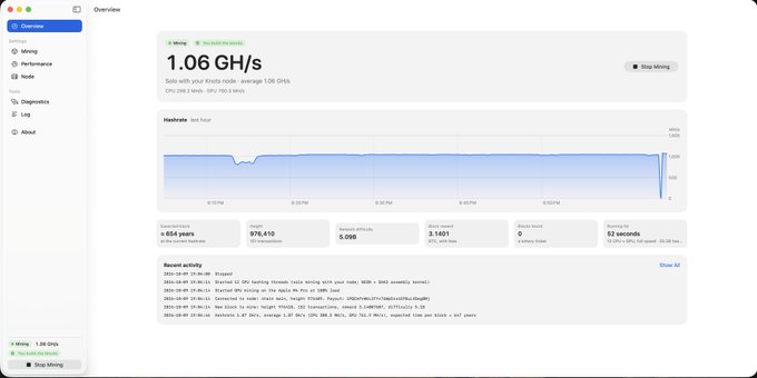 A screenshot of a cryptocurrency mining dashboard called 'Kryptex Miner', displaying a hash rate of 1.06 GH/s, 654 payments, and recent activity logs.