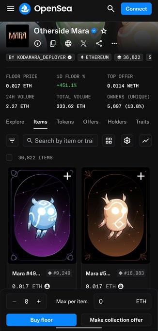OpenSea NFT marketplace page for the 'Otherside Mara' collection by Kodamara_Deployer, showing 36,822 items on Ethereum with a floor price of 0.017 ETH.
