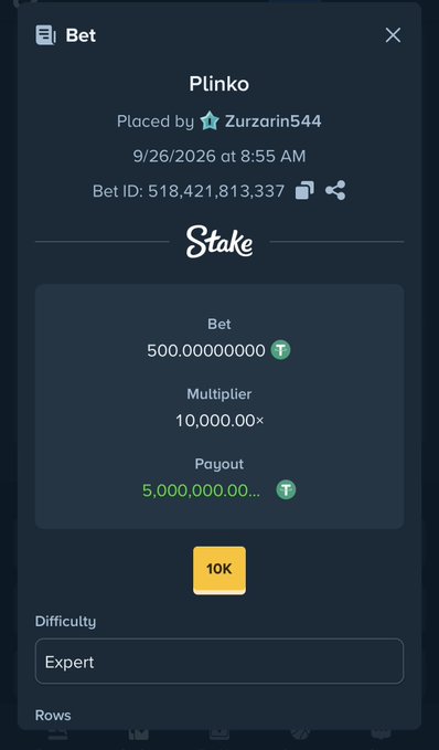 A Plinko bet on Stake placed by user "Zurzarin544" (Bet ID: 518,421,813,337) showing a 500 T wager with an impressive 10,000.00x multiplier, resulting in a 5,000,000,000 T payout on Expert difficulty. The screenshot captures a remarkably lucky first-day win on the platform, living up to the excitement of the "First day on STAKE" caption.