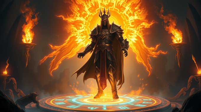 A digital illustration depicts a horned, armored fantasy figure standing on a glowing circular rune platform, surrounded by swirling flames and flaming torches in a dark setting.