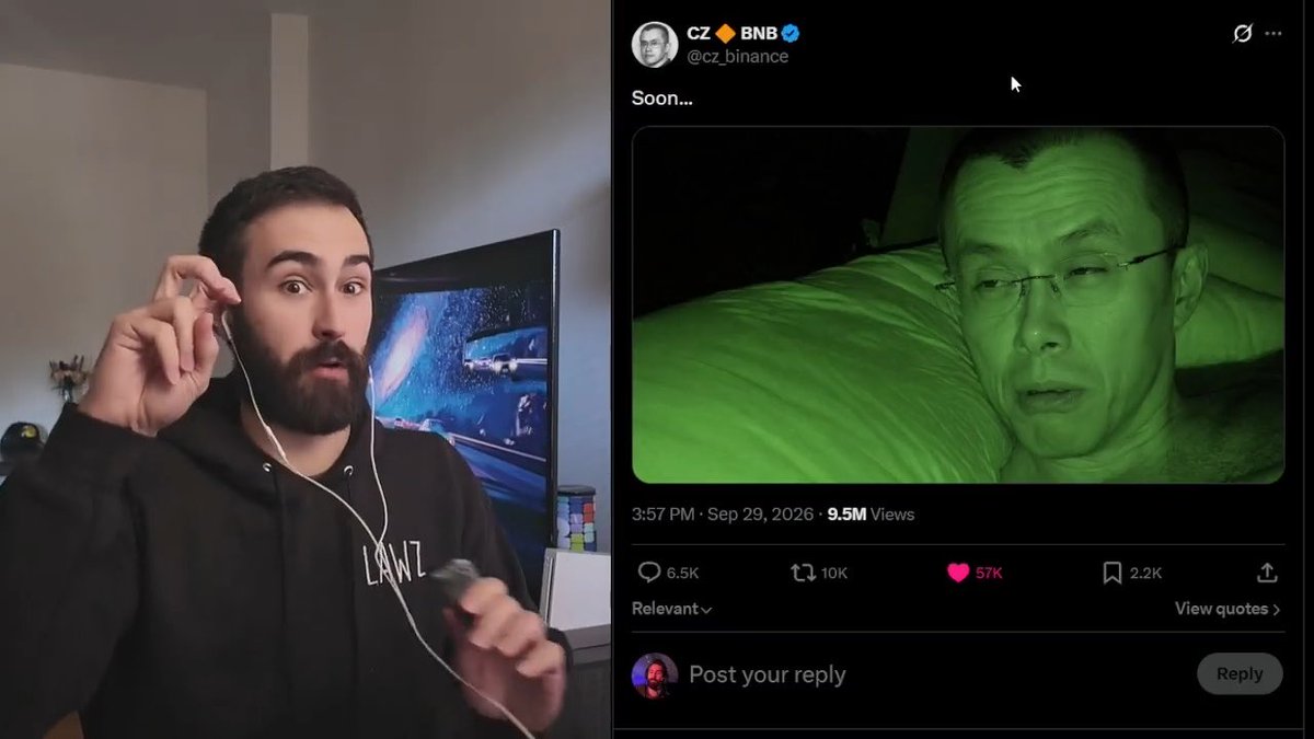 A split-screen image showing a man with a beard wearing earbuds and a black hoodie with "LAWZ" text on the left, and on the right a Twitter/X post from CZ (Changpeng Zhao) with a green-tinted video captioned "Soon..." showing him in bed, posted September 29, 2026.
