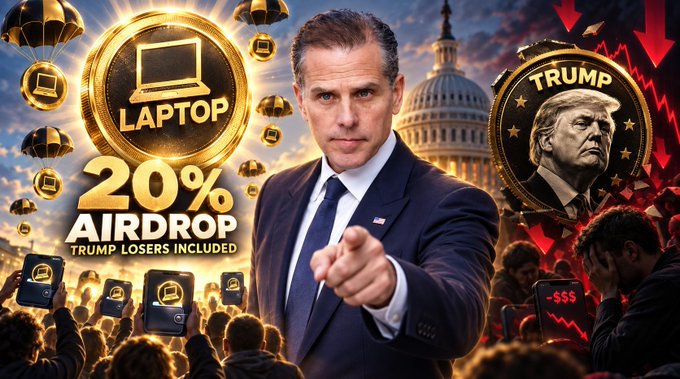 Political/crypto-themed graphic featuring Hunter Biden pointing forward, with a 'LAPTOP 20% AIRDROP - TRUMP LOSERS INCLUDED' coin on the left and a 'TRUMP' coin on the right.