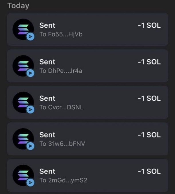 The screenshot displays a transaction history showing 5 separate "Sent" transfers of "-1 SOL" each to different recipient addresses (Fo55…HjVb, DhPe…Jr4a, Cvcr…DSNL, 31w6…bFNV, 2mGd…ymS2). The image appears to demonstrate the giveaway being advertised in the post, showing 1 SOL being sent to various wallet addresses, presumably fulfilling the "first 1000" recipients promise.