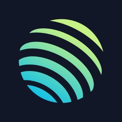 A minimalist logo on a dark background showing a sphere made of curved stripes in a green-to-blue gradient color scheme.