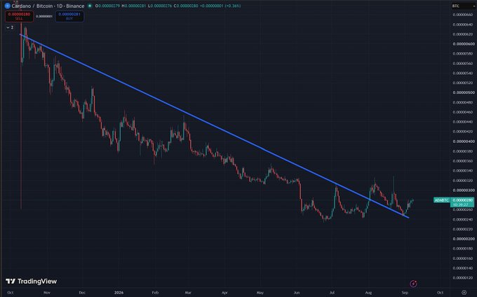 A TradingView candlestick chart showing Cardano/Bitcoin (ADA/BTC) on a daily timeframe with a clear descending trendline, displaying prices declining from late October 2023 through August 2024, with values in the 0.00000200-0.00006600 satoshi range.