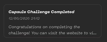 The image shows a post from a website that congratulates someone who has completed another Capsule Challenge. The text reads "Congratulations on completing the challenge! You can visit the website to vi...", indicating that the person has successfully completed the challenge and is now ready for the next one.