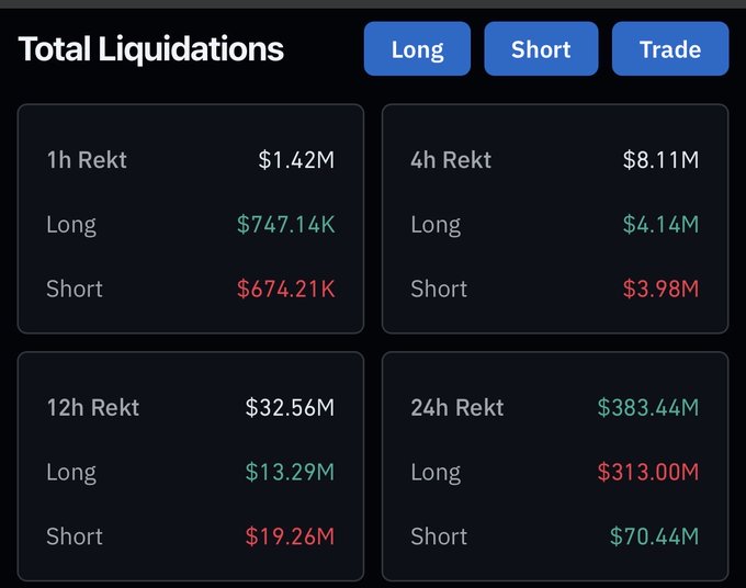 A 'Total Liquidations' dashboard displays financial figures broken into '1h', '4h', '12h', and '24h Rekt' categories, showing 24h Long liquidations at $313.00M and Shorts at $70.44M.