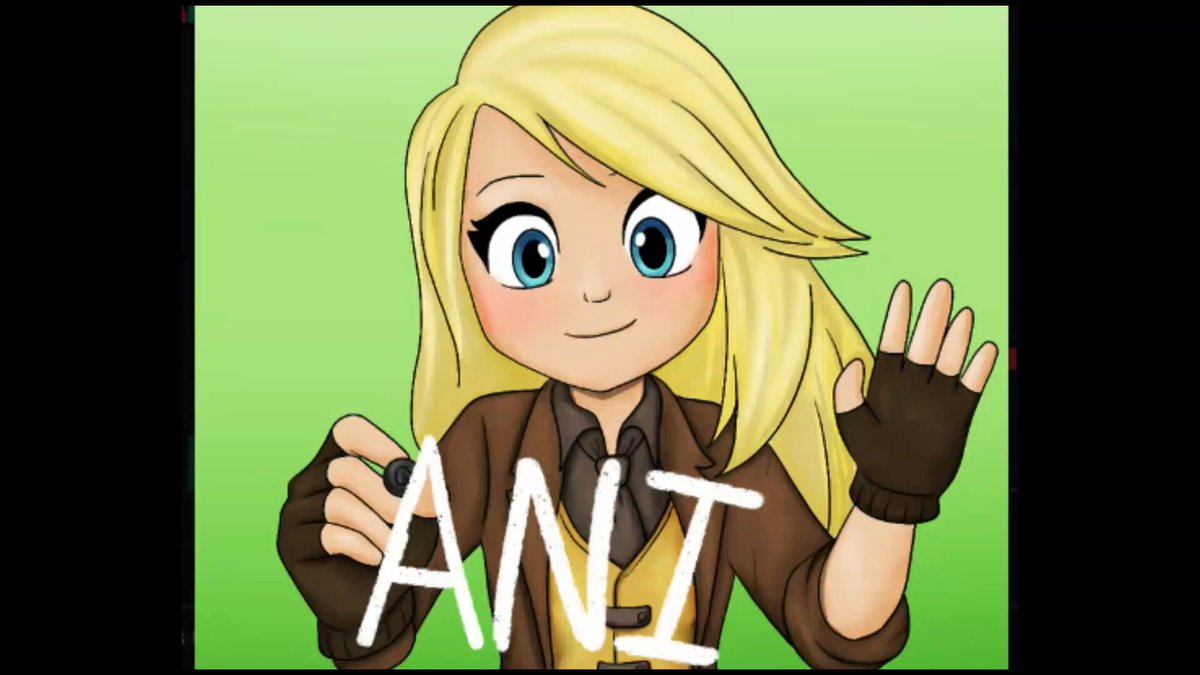 The image features a cartoon girl with blonde hair wearing a brown jacket, standing against a green background. She has her hands raised above her head, as if waving or greeting someone. The text "ANI" is written below her, indicating that she is part of an anime series.