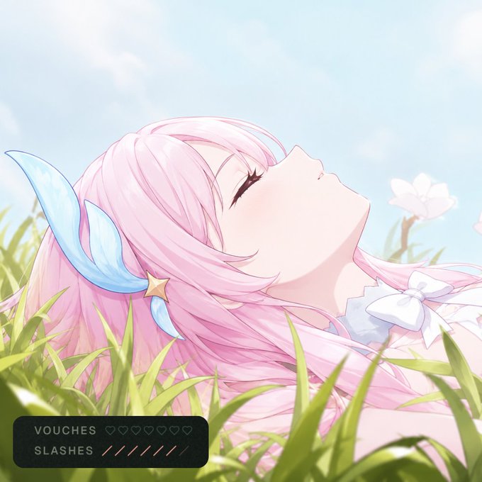 An anime-style illustration of a pink-haired character with blue wing-like accessories lying in grass, with text overlay reading 'VOUCHES' and 'SLASHES' with heart and slash symbols.