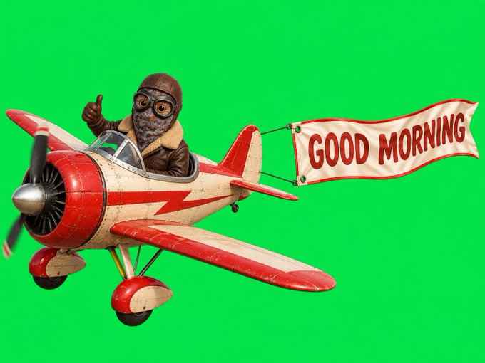 A 3D-rendered character wearing a leather aviator cap and goggles sits in a red and cream vintage airplane, giving a thumbs-up while a banner behind reads 'GOOD MORNING' against a green screen background.