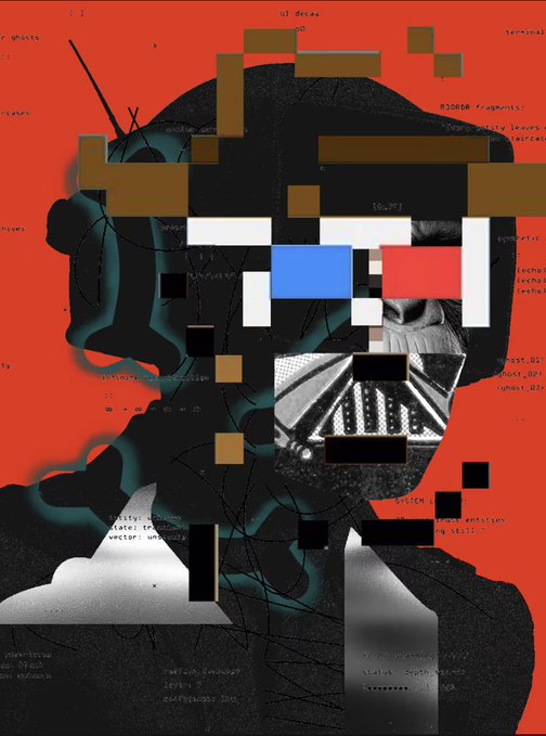 This image features a glitch art portrait of Darth Vader, consistent with an NFT titled "DOOM SCROLLER" that recently sold for 0.5 ETH.