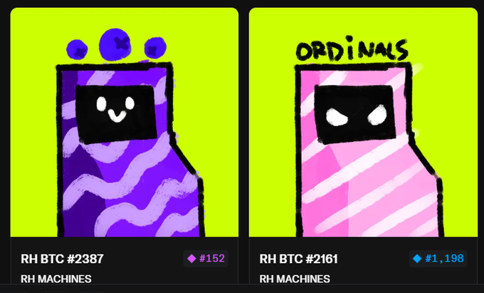 Two Recursive Hatchling (RH) MACHINES Bitcoin Ordinals—#2387 (purple) and #2161 (pink, "ORDINALS" inscription)—are displayed side by side, with the post celebrating them as an "INCREDIBLE PULL" from a mint likely priced around #152.